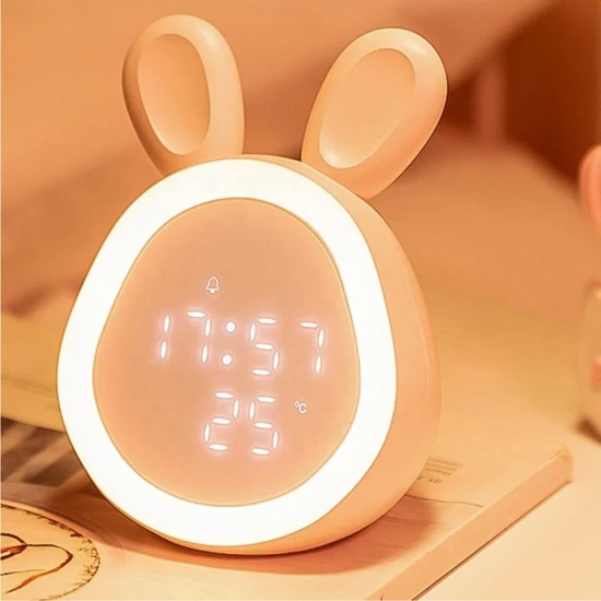 Lámpara de conejo de bebé de mesa recargable, despertador de temperatura de silicona, luz nocturna de animales junto a la cama